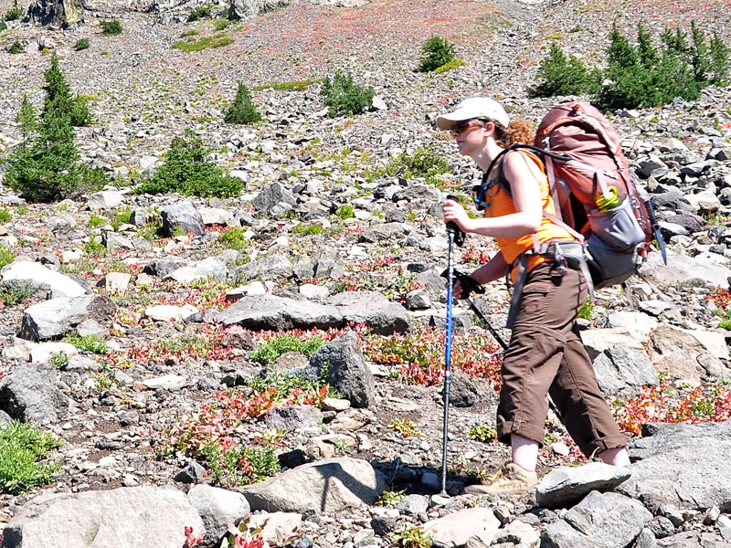 PCT hiker traversing the flank of Three Fingered Jack.